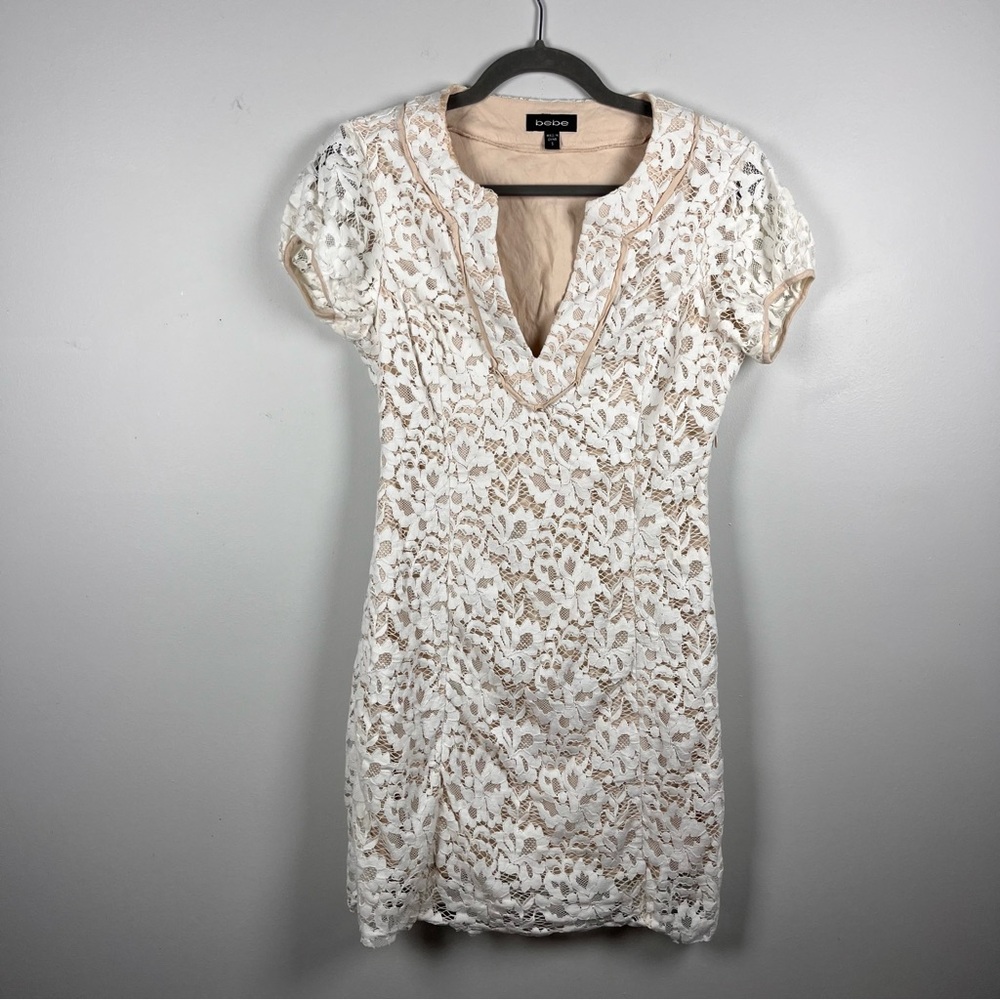 Bebe White Tea Satin Lace Mini Bride Bridal Cocktail Party Dress Size Small